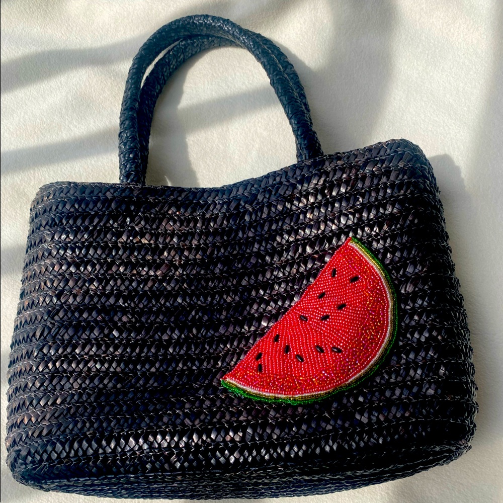 Black straw bag with beaded watermelon design